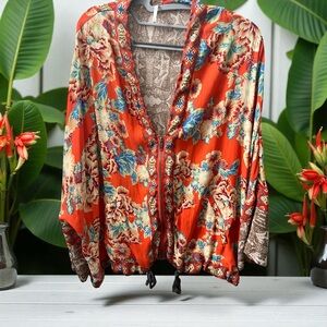 Anthropologie Free People Orange Floral Blouse With Zipper And Tie XS-S
